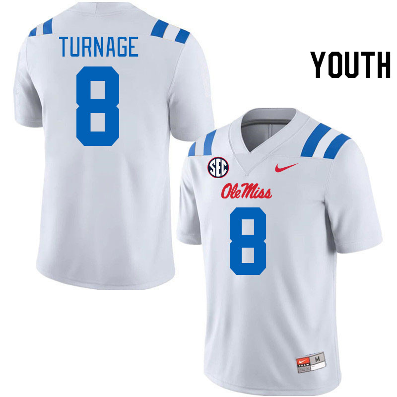 Youth #8 Brandon Turnage Ole Miss Rebels 2024 New Uniforms College Football Jerseys Stitched-White